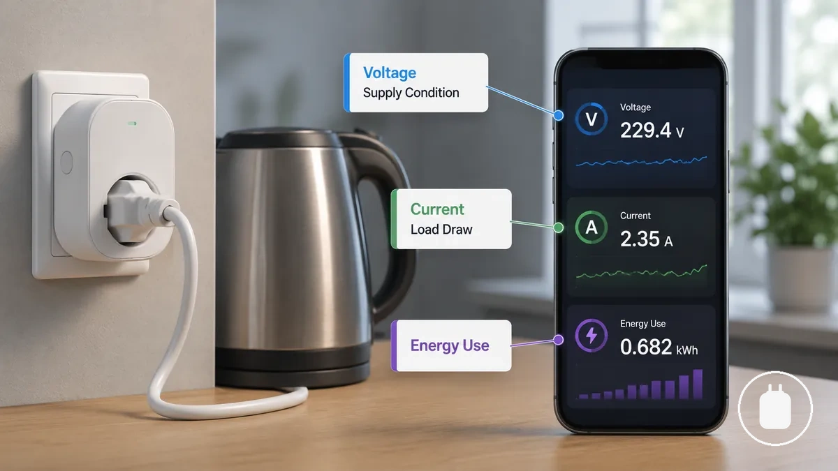 Champs d application de prise connectée annotés pour la tension, le courant et la consommation énergétique