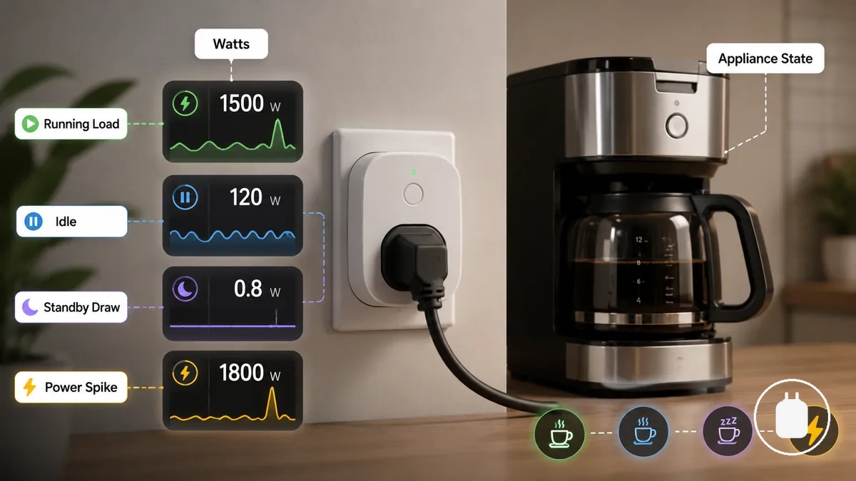 Application de prise connectée avec suivi de consommation affichant les watts et différents états de puissance d’un appareil