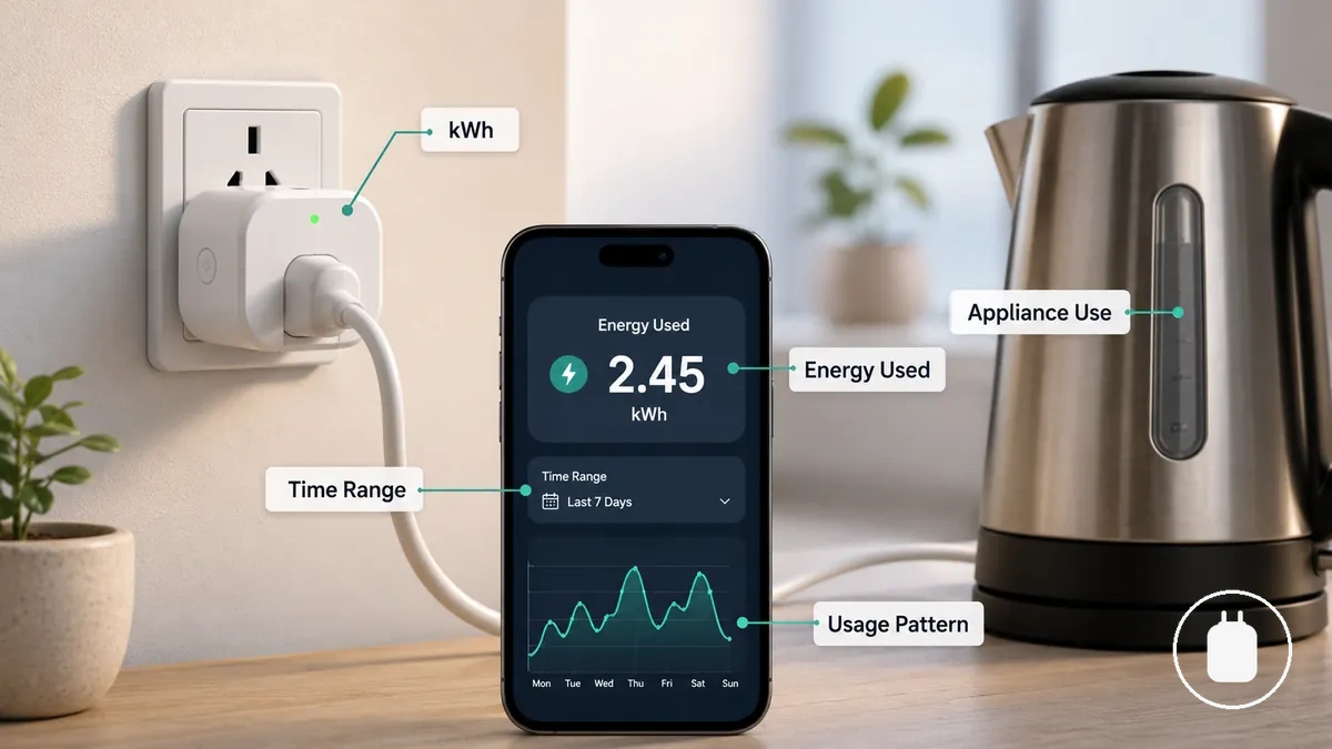 Aplicativo de plugue inteligente mostrando consumo de energia em quilowatt-hora para um período de tempo selecionado