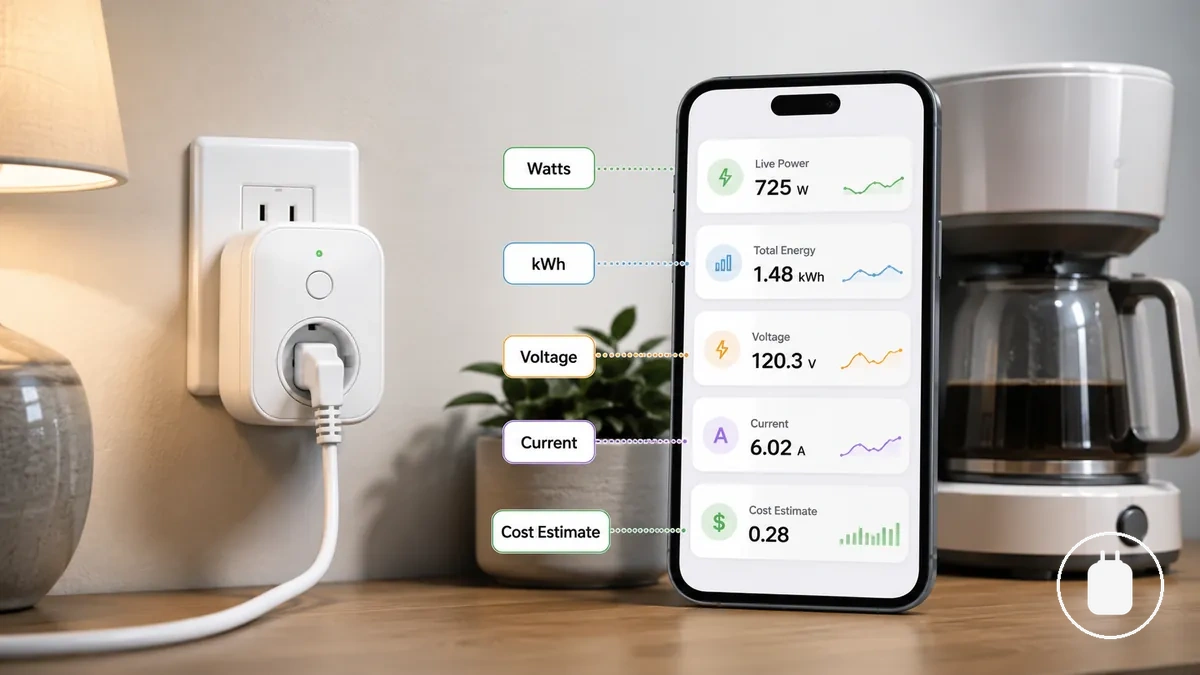 Tela de aplicativo de plugue inteligente anotada mostrando pontos de dados de energia como watts e kWh