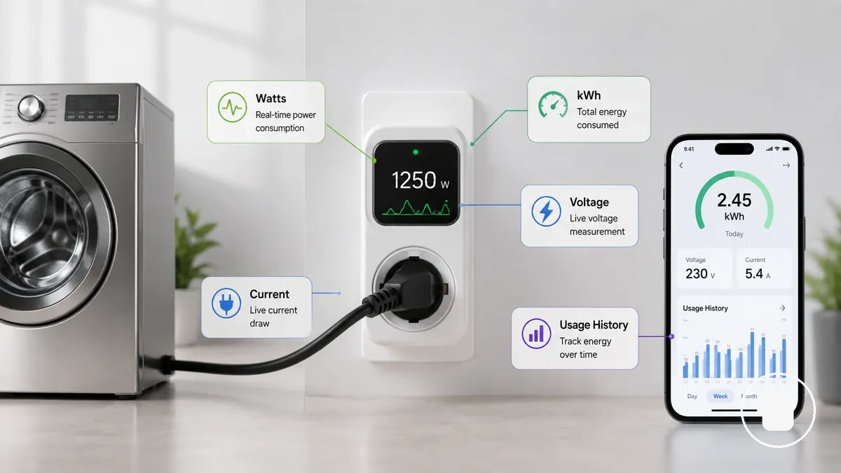 Leituras do aplicativo do plugue inteligente mostrando rótulos de potência em tempo real, kWh e histórico de uso