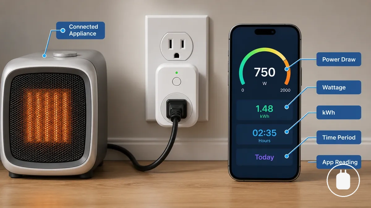 Rastreamento de energia no nível da tomada para um aparelho conectado com leituras de potência e kWh